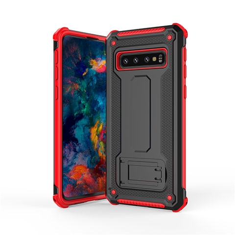 Custodia Silicone e Plastica Opaca Cover con Supporto T01 per Samsung Galaxy S10 Rosso e Nero