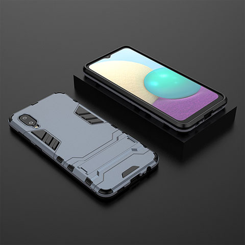 Custodia Silicone e Plastica Opaca Cover con Supporto T02 per Samsung Galaxy M02 Blu
