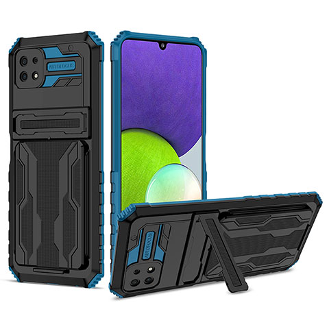 Custodia Silicone e Plastica Opaca Cover con Supporto YF1 per Samsung Galaxy A22 5G Blu
