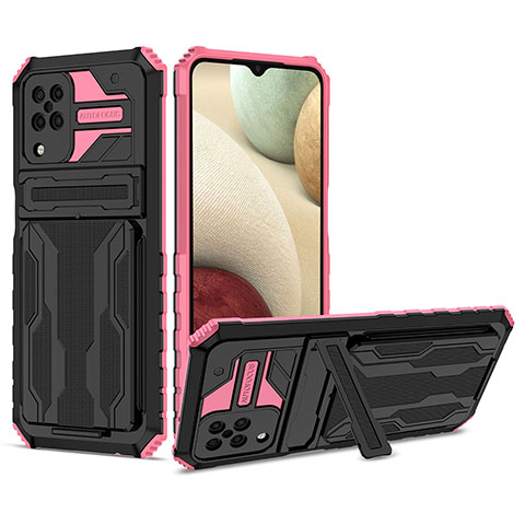 Custodia Silicone e Plastica Opaca Cover con Supporto YF1 per Samsung Galaxy M12 Oro Rosa