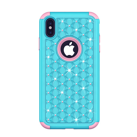 Custodia Silicone e Plastica Opaca Cover Fronte e Retro 360 Gradi Bling-Bling per Apple iPhone X Blu