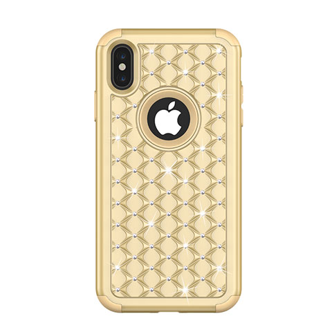 Custodia Silicone e Plastica Opaca Cover Fronte e Retro 360 Gradi Bling-Bling per Apple iPhone Xs Max Oro