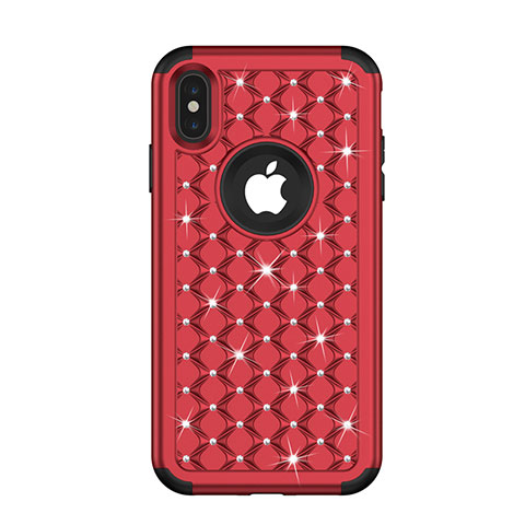 Custodia Silicone e Plastica Opaca Cover Fronte e Retro 360 Gradi Bling-Bling per Apple iPhone Xs Max Rosso