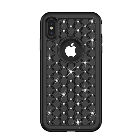 Custodia Silicone e Plastica Opaca Cover Fronte e Retro 360 Gradi Bling-Bling per Apple iPhone Xs Nero