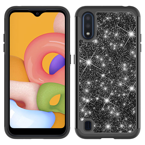 Custodia Silicone e Plastica Opaca Cover Fronte e Retro 360 Gradi Bling-Bling per Samsung Galaxy A01 SM-A015 Nero