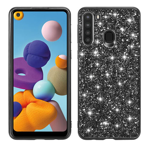 Custodia Silicone e Plastica Opaca Cover Fronte e Retro 360 Gradi Bling-Bling per Samsung Galaxy A21 Nero