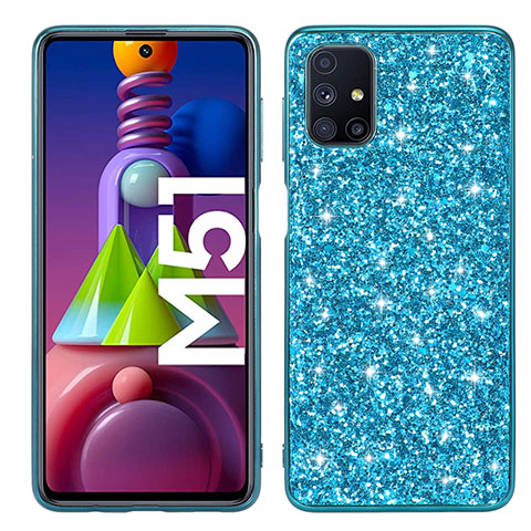 Custodia Silicone e Plastica Opaca Cover Fronte e Retro 360 Gradi Bling-Bling per Samsung Galaxy M51 Cielo Blu