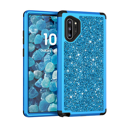 Custodia Silicone e Plastica Opaca Cover Fronte e Retro 360 Gradi Bling-Bling per Samsung Galaxy Note 10 Plus Blu