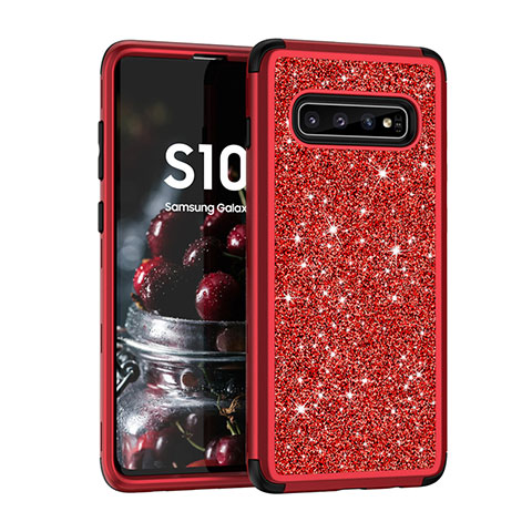 Custodia Silicone e Plastica Opaca Cover Fronte e Retro 360 Gradi Bling-Bling per Samsung Galaxy S10 5G Rosso