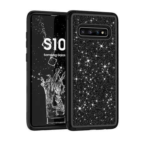 Custodia Silicone e Plastica Opaca Cover Fronte e Retro 360 Gradi Bling-Bling per Samsung Galaxy S10 Nero