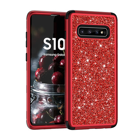 Custodia Silicone e Plastica Opaca Cover Fronte e Retro 360 Gradi Bling-Bling per Samsung Galaxy S10 Rosso