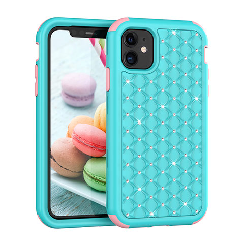 Custodia Silicone e Plastica Opaca Cover Fronte e Retro 360 Gradi Bling-Bling U01 per Apple iPhone 11 Ciano