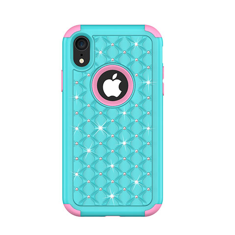 Custodia Silicone e Plastica Opaca Cover Fronte e Retro 360 Gradi Bling-Bling U01 per Apple iPhone XR Ciano