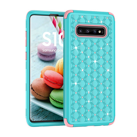 Custodia Silicone e Plastica Opaca Cover Fronte e Retro 360 Gradi Bling-Bling U01 per Samsung Galaxy S10 Plus Ciano