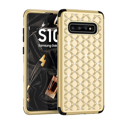 Custodia Silicone e Plastica Opaca Cover Fronte e Retro 360 Gradi Bling-Bling U01 per Samsung Galaxy S10 Plus Oro e Nero