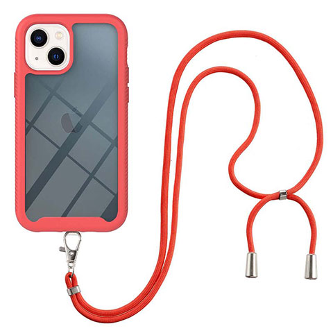 Custodia Silicone e Plastica Opaca Cover Fronte e Retro 360 Gradi con Cinghia Cordino Mano per Apple iPhone 15 Plus Rosso