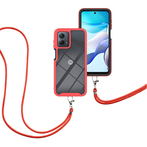 Custodia Silicone e Plastica Opaca Cover Fronte e Retro 360 Gradi con Cinghia Cordino Mano per Motorola Moto G 5G (2023) Rosso