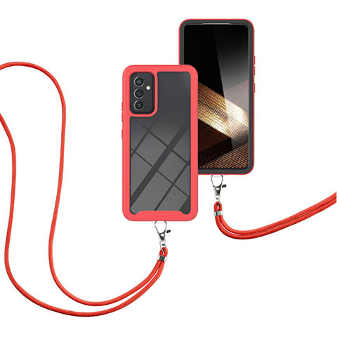 Custodia Silicone e Plastica Opaca Cover Fronte e Retro 360 Gradi con Cinghia Cordino Mano per Samsung Galaxy A15 5G Rosso