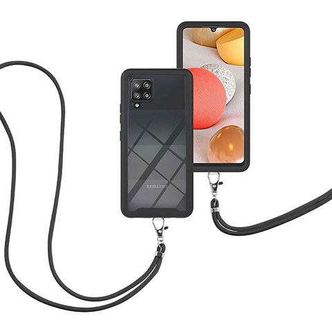 Custodia Silicone e Plastica Opaca Cover Fronte e Retro 360 Gradi con Cinghia Cordino Mano per Samsung Galaxy A42 5G Nero