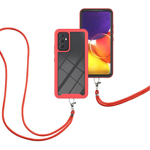 Custodia Silicone e Plastica Opaca Cover Fronte e Retro 360 Gradi con Cinghia Cordino Mano per Samsung Galaxy A82 5G Rosso