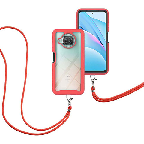 Custodia Silicone e Plastica Opaca Cover Fronte e Retro 360 Gradi con Cinghia Cordino Mano per Xiaomi Mi 10T Lite 5G Rosso