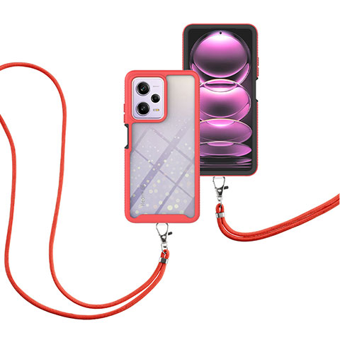 Custodia Silicone e Plastica Opaca Cover Fronte e Retro 360 Gradi con Cinghia Cordino Mano per Xiaomi Redmi Note 12 Pro 5G Rosso