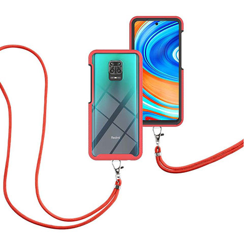 Custodia Silicone e Plastica Opaca Cover Fronte e Retro 360 Gradi con Cinghia Cordino Mano per Xiaomi Redmi Note 9 Pro Rosso