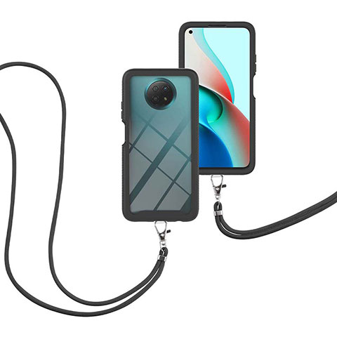 Custodia Silicone e Plastica Opaca Cover Fronte e Retro 360 Gradi con Cinghia Cordino Mano per Xiaomi Redmi Note 9T 5G Nero