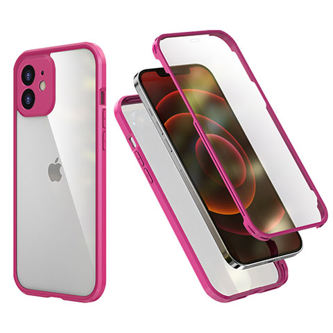 Custodia Silicone e Plastica Opaca Cover Fronte e Retro 360 Gradi R05 per Apple iPhone 12 Mini Rosa Caldo