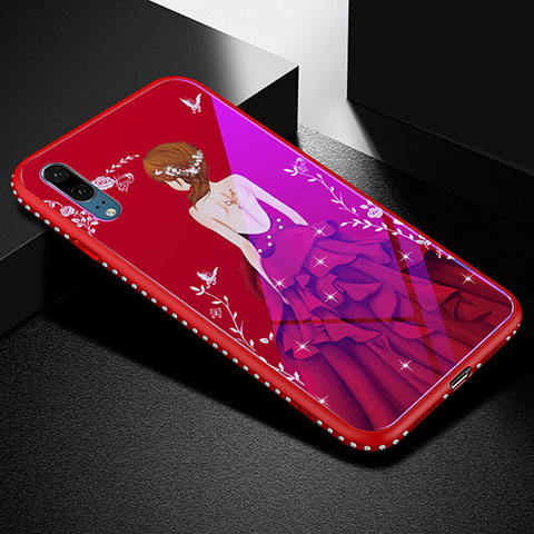 Custodia Silicone Gel Laterale Abito Ragazza Specchio Cover per Huawei P20 Rosso