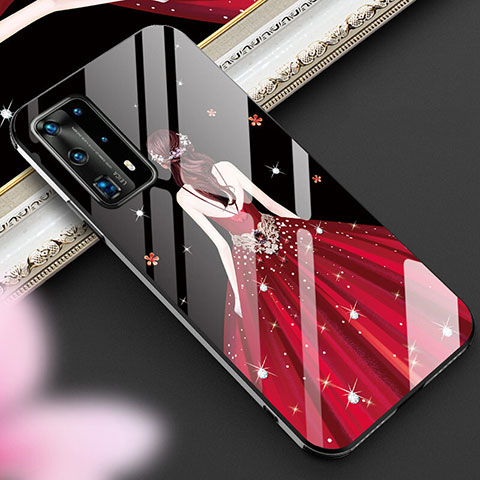 Custodia Silicone Gel Laterale Abito Ragazza Specchio Cover per Huawei P40 Pro+ Plus Rosso e Nero