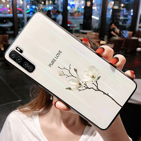Custodia Silicone Gel Laterale Fiori Specchio Cover per Huawei Nova 7 SE 5G Bianco