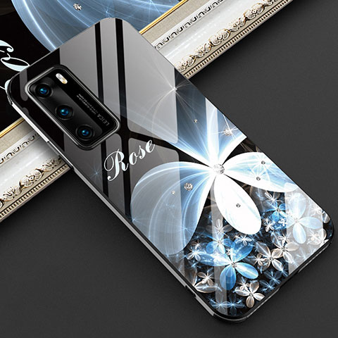 Custodia Silicone Gel Laterale Fiori Specchio Cover per Huawei P40 Nero