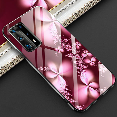 Custodia Silicone Gel Laterale Fiori Specchio Cover per Huawei P40 Pro+ Plus Rosso