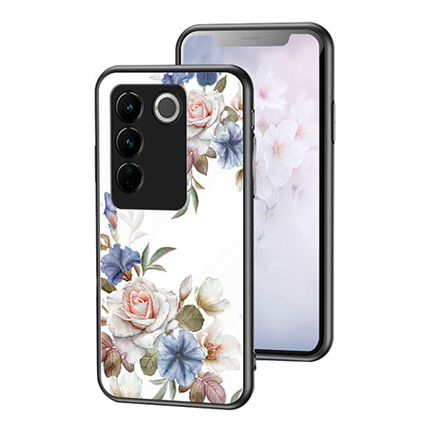 Custodia Silicone Gel Laterale Fiori Specchio Cover per Vivo V27 Pro 5G Bianco