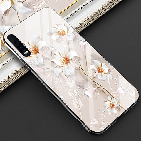 Custodia Silicone Gel Laterale Fiori Specchio Cover S02 per Huawei P30 Bianco