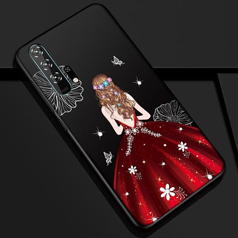 Custodia Silicone Gel Morbida Abito Ragazza Cover K01 per Huawei Honor 20 Pro Rosso e Nero