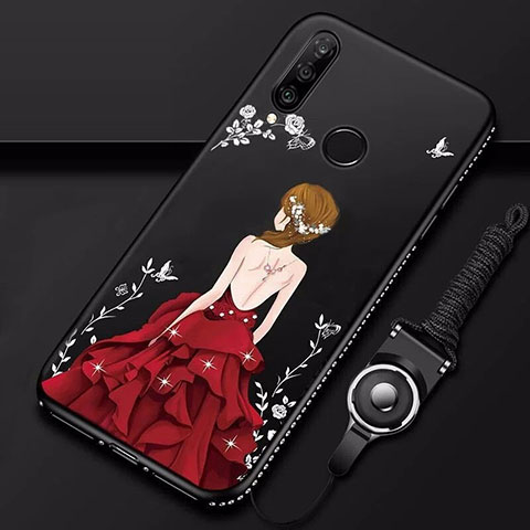 Custodia Silicone Gel Morbida Abito Ragazza Cover K01 per Huawei P30 Lite New Edition Rosso e Nero