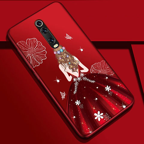 Custodia Silicone Gel Morbida Abito Ragazza Cover K01 per Xiaomi Redmi K20 Pro Rosso Rosa