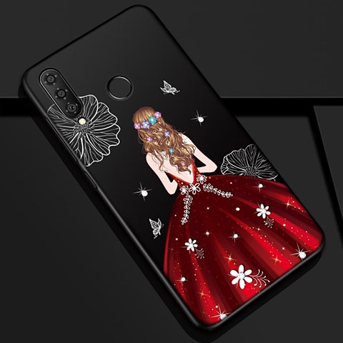 Custodia Silicone Gel Morbida Abito Ragazza Cover K03 per Huawei P30 Lite New Edition Rosso e Nero