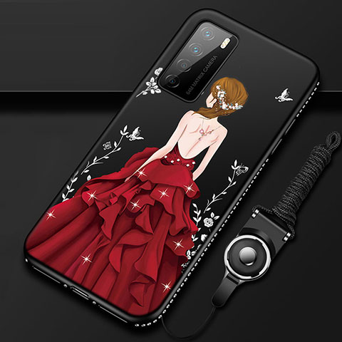 Custodia Silicone Gel Morbida Abito Ragazza Cover per Huawei Honor Play4 5G Rosso e Nero
