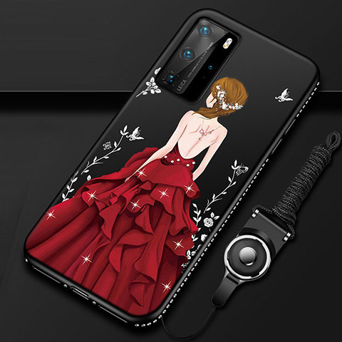 Custodia Silicone Gel Morbida Abito Ragazza Cover per Huawei P40 Pro Rosso e Nero