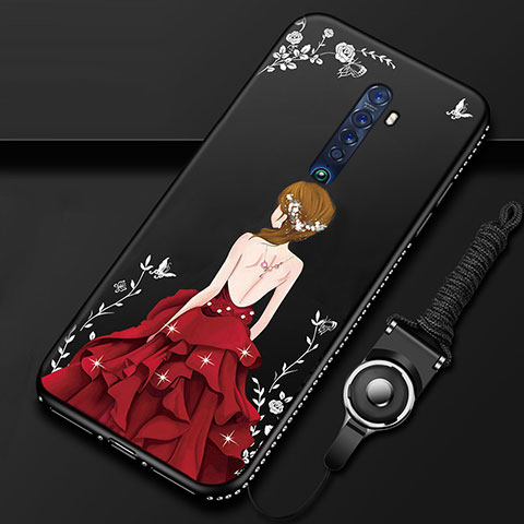 Custodia Silicone Gel Morbida Abito Ragazza Cover per Oppo Reno2 Rosso e Nero