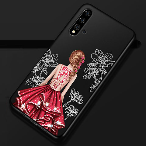 Custodia Silicone Gel Morbida Abito Ragazza Cover S02 per Huawei Nova 5 Pro Rosso e Nero