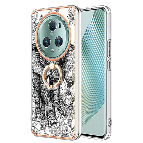 Custodia Silicone Gel Morbida Fantasia Modello Cover con Anello Supporto YB2 per Huawei Honor Magic5 Pro 5G Grigio