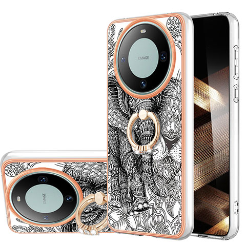 Custodia Silicone Gel Morbida Fantasia Modello Cover con Anello Supporto YB2 per Huawei Mate 60 Pro+ Plus Grigio