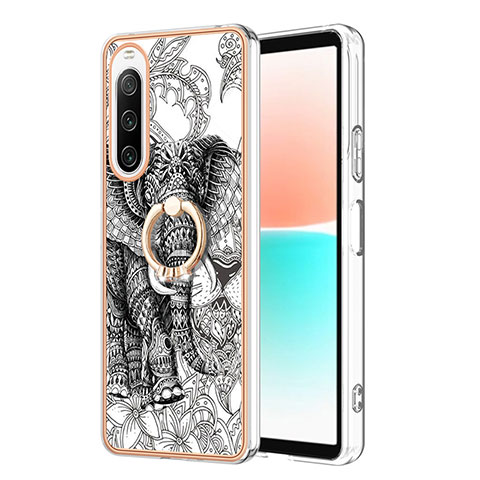 Custodia Silicone Gel Morbida Fantasia Modello Cover con Anello Supporto YB2 per Sony Xperia 10 IV Grigio