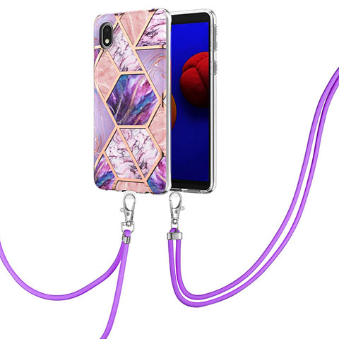 Custodia Silicone Gel Morbida Fantasia Modello Cover con Cinghia Cordino Mano Y01B per Samsung Galaxy A01 Core Lavanda