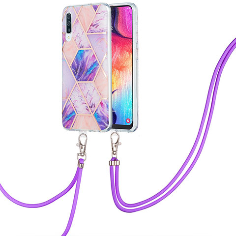 Custodia Silicone Gel Morbida Fantasia Modello Cover con Cinghia Cordino Mano Y01B per Samsung Galaxy A50 Lavanda