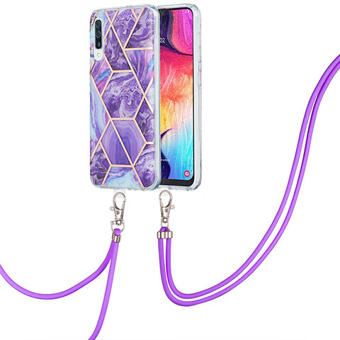 Custodia Silicone Gel Morbida Fantasia Modello Cover con Cinghia Cordino Mano Y01B per Samsung Galaxy A50S Viola